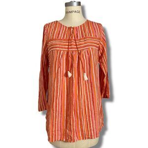 Globaldesi Women’s Size Large Relaxed Fit Tasseled Tunic Top Multicolor Striped
